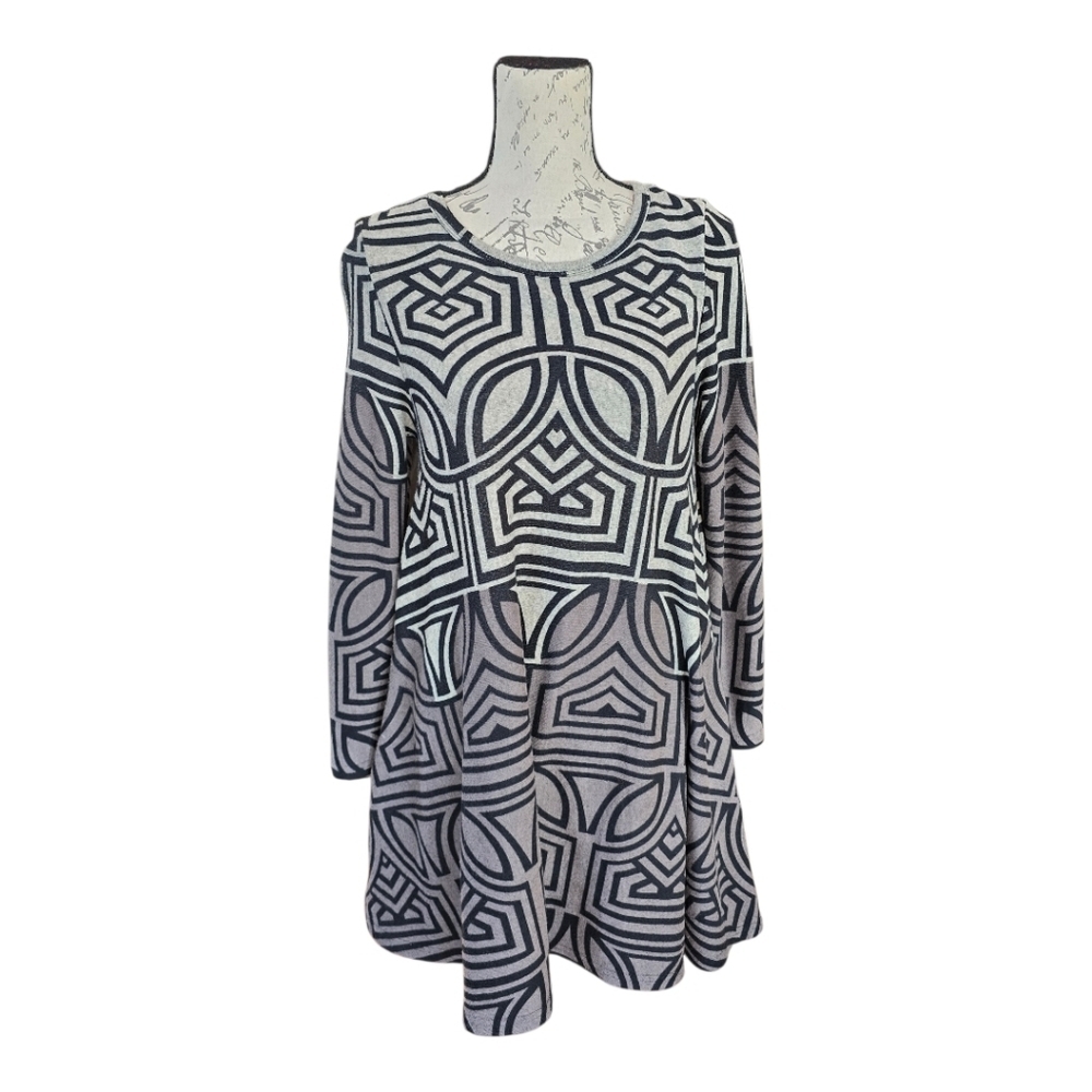 Papillon Geometric Print Long Sleeve A-line Black Gray Tunic Dress S